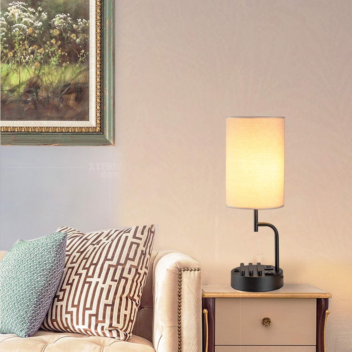 Table Lamp with 3 USB Charging Ports, Modern Desk Lamp with AC Outlet and Phone Stands, Perfect Bedside Lamp for Bedroom, Living Room, Office (Pack of 2), Cream