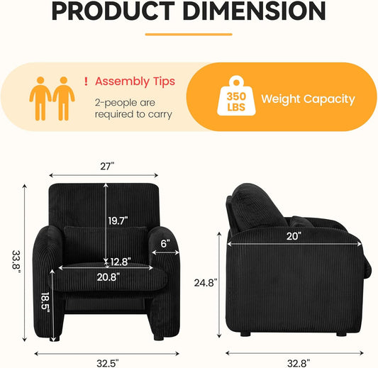 Modern Accent Chair, Comfy Upholstered Corduroy Armchair, Stylish Lounge Reading Chair for Living Room, Bedroom, Black