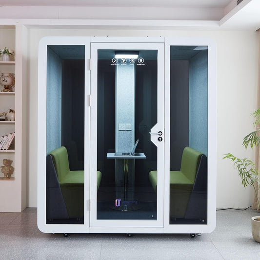 Mobile Office Pod Booth, Sound Proof Office Pod Booth with Mobile Roller, Larger Space for 2-4 People, LED Lighting System,Fans and AC USB Ports(White-Grey)