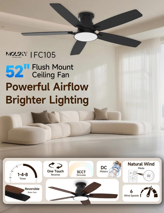 Flush Mount Ceiling Fan with Light, 52 Inch, Remote Control, 3CCT Dimmable LED, 6-Speed Silent Reversible DC Motor, Low Profile Hugger Ceiling Fan for Indoor/Outdoor 90-264V 50/60Hz Matte Black