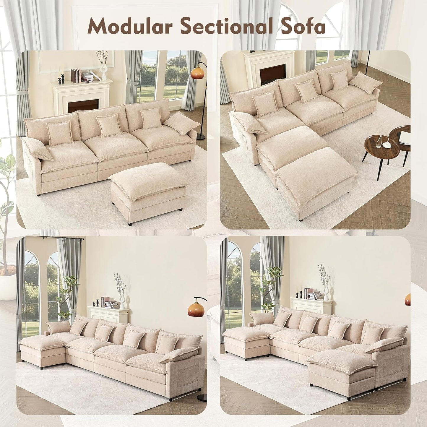 108" U Shaped Couch, Modular Sectional Sofa, 3-Seater Comfy Cloud Couch, Set of Modular Pieces with Movable Ottoman, Deep Seat Couches for Living Room, Chenille, Flat White