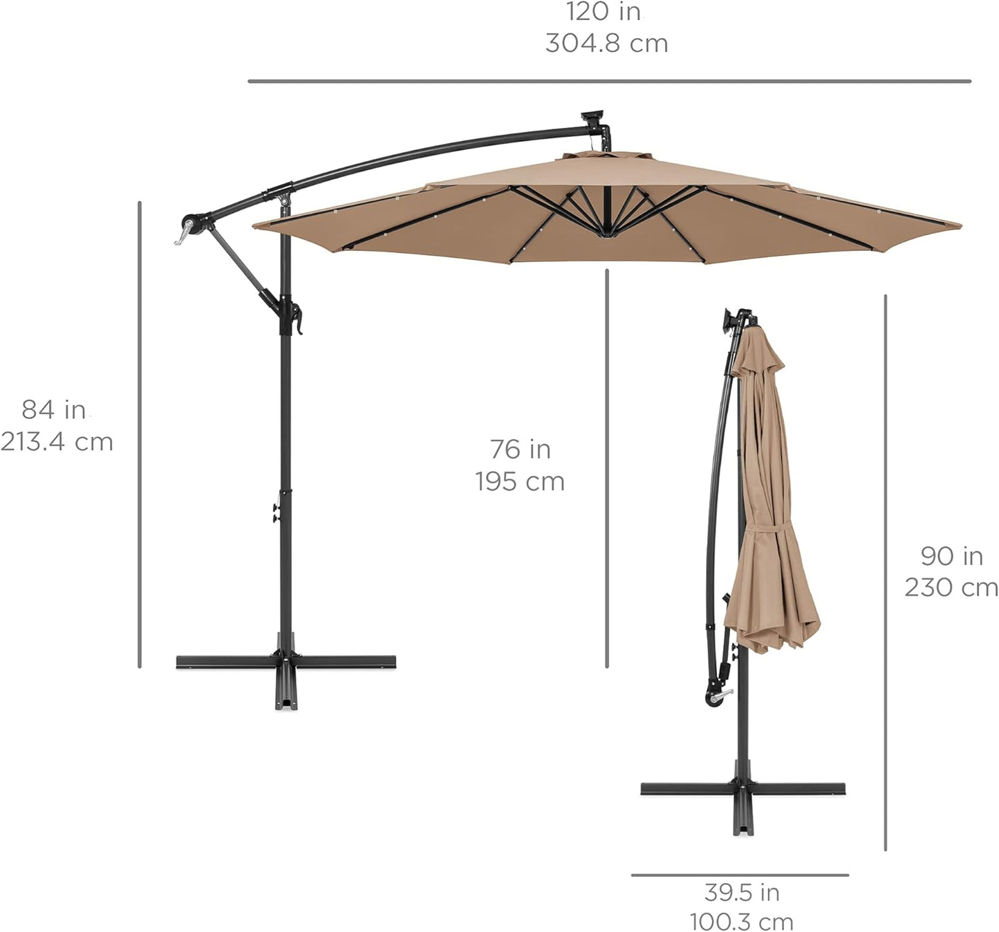 10Ft Solar LED Offset Cantilever Hanging Market Patio Umbrella, 8 Sturdy Ribs, Easy Adjustment - Tan