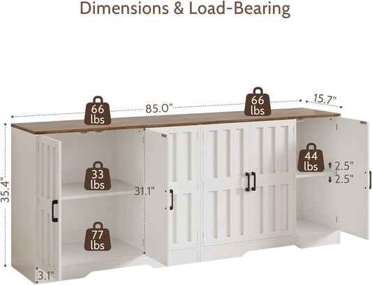 Modern Farmhouse Buffet Cabinet with Storage, 85" Large Sideboard Storage Cabinet with 6 Barn Doors, Coffee Wine Bar Cabinet Wood Table Credenza with Adjustable Shelf for Kitchen Dining Living Room
