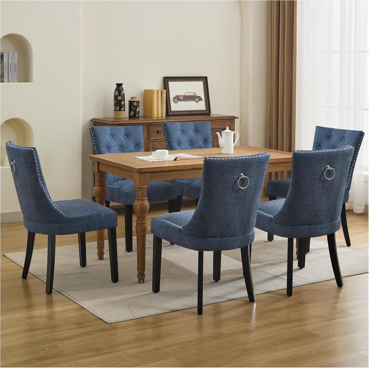 Upholstered Tufted Dining Chairs Set of 4, Fabric Side Dining Room Chairs with Nailhead Back Ring Pull Trim Solid Wood Legs, Dark Blue
