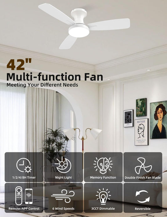 42 Inch Smart Ceiling Fan with Light, Low Profile Flush Mount with Remote Control, Ultra-Quiet Reversible DC Motor, 3 Color Temperatures & 6 Speed Dimmable Lighting for Bedroom, White