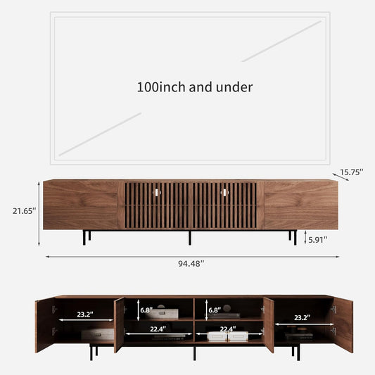 Mid Century Modern TV Stand with 4 Doors, 94.48 Inch Wide Entertainment Center TV Console for Living Room Bedroom, Media Console TV Cabinet with Storage Walnut