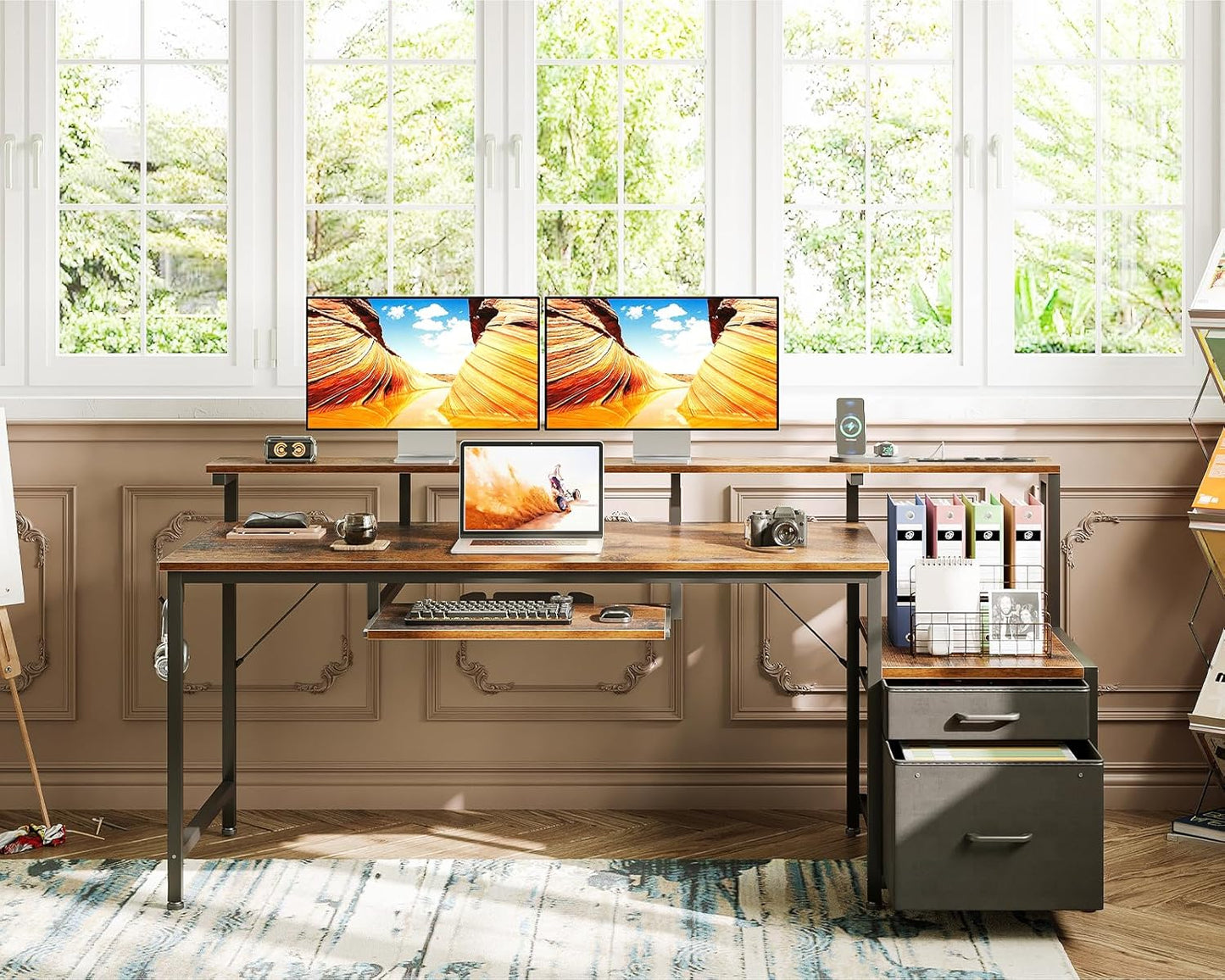 Computer Desk with Drawers and Keyboard Tray, 63" Office Desk with Power Outlet, Reversible Study Work Desk with Printer Shelf and PC Stand for Home Office, Vintage