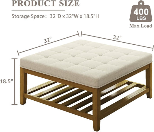 Large Square Ottoman Coffee Table, Linen Solid Upholstered Footrest Ottoman with Solid Wood Shelf Storage Tufted Coffee Table for Bedroom Living Room, Ivory