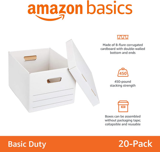 Storage/Filing Boxes with Lift-Off Lid - Letter/Legal Size, Sturdy, Easy Assembly, White, 16.2" L X 12.5" W X 10.5" H, Pack of 20