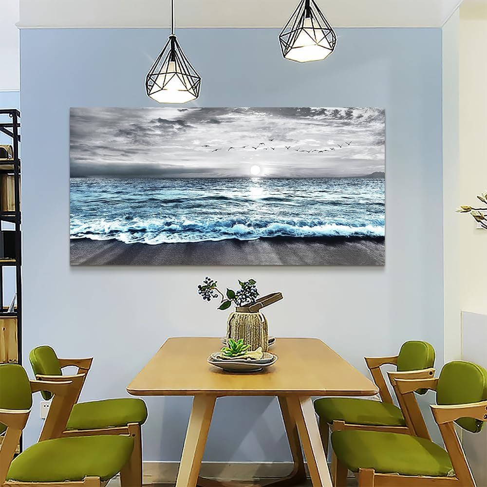 Large Canvas Wall Art for Living Room & Bedroom Decor - Black & White Blue Sea Wave Pictures - Framed Beach Posters