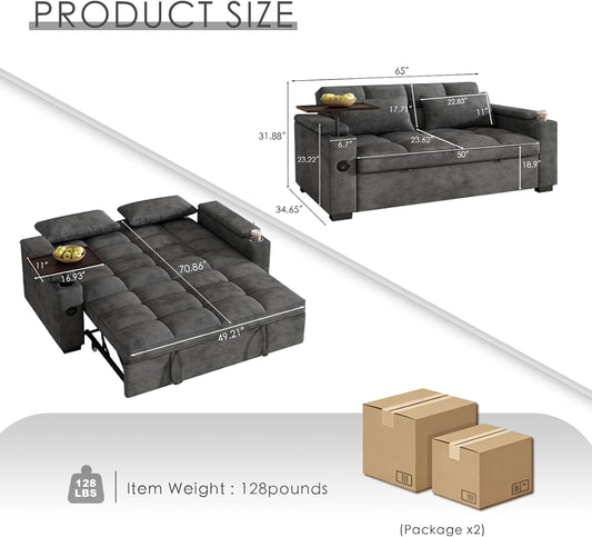 65'' 3 in 1 Convertible Sleeper Sofa Bed, Chenille Pull Out Couch for Living Room with 90° Swivel Side Table, Loveseat Sleeper with Charging Port | Side Pocket | Cup Holders, Grey