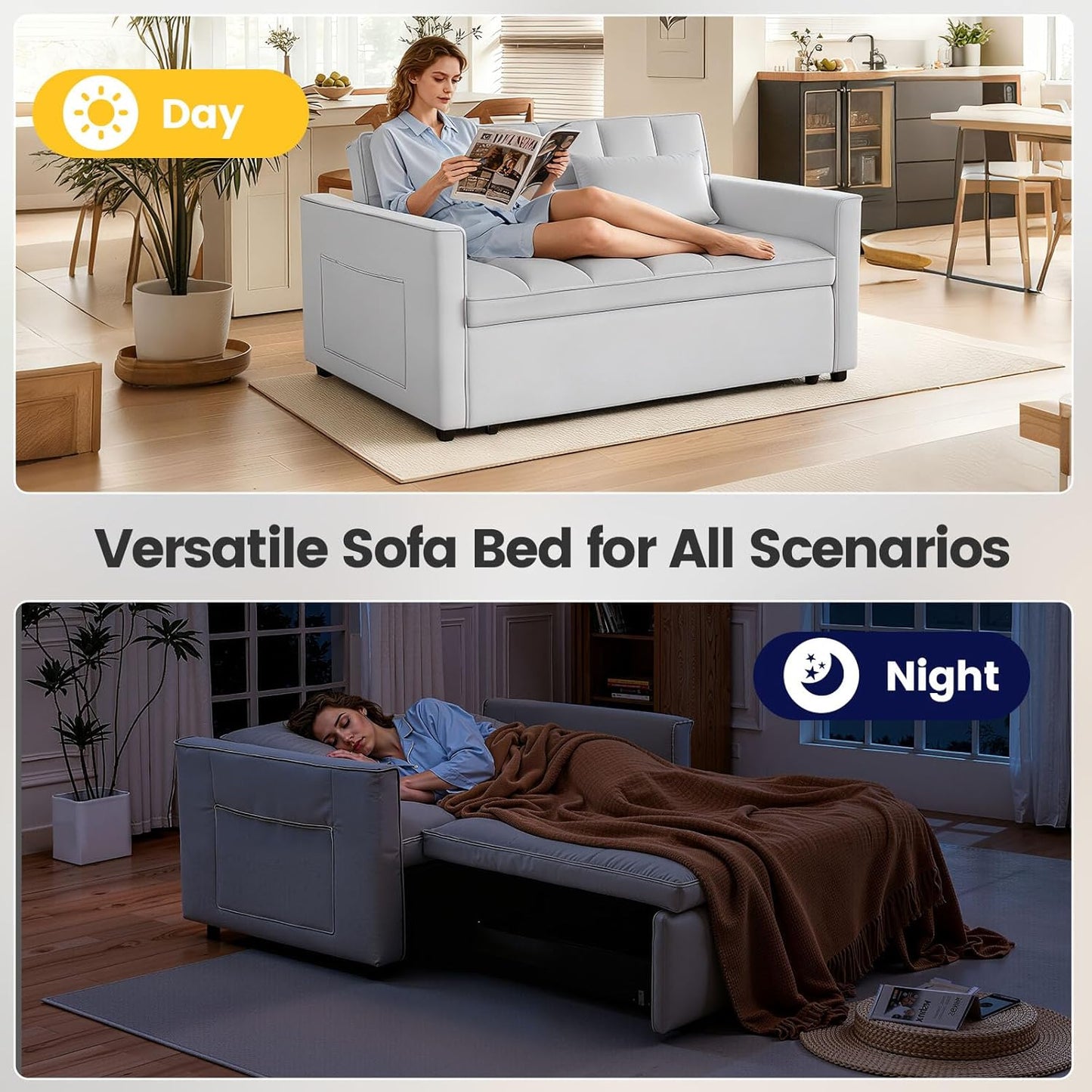 Convertible Sofa Bed, Pull Out Couch with Side Pockets, 3 in 1 Velvet Fabric Loveseat Sleeper Sofa Bed, Pull Out Couch with Adjustable Backrest for Living Room, Bedroom, Apartment, Light Gray