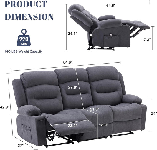 Oversized Recliner Sofa with Heat and Massage, Wall-Hugger Reclining Sofa with Cup Holders and USB Port, Big Large 3-Seater RV Recliner Couch Sofa for Living Room (Fabric, Grey)