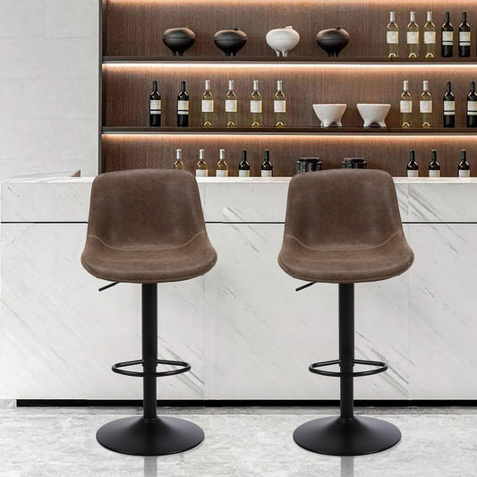 Bar Stools Set of 2, Swivel Counter Height Barstools with Back, Adjustable Modern Bar Chairs, Tall Armless PU Leather Kitchen Island Stool, Brown