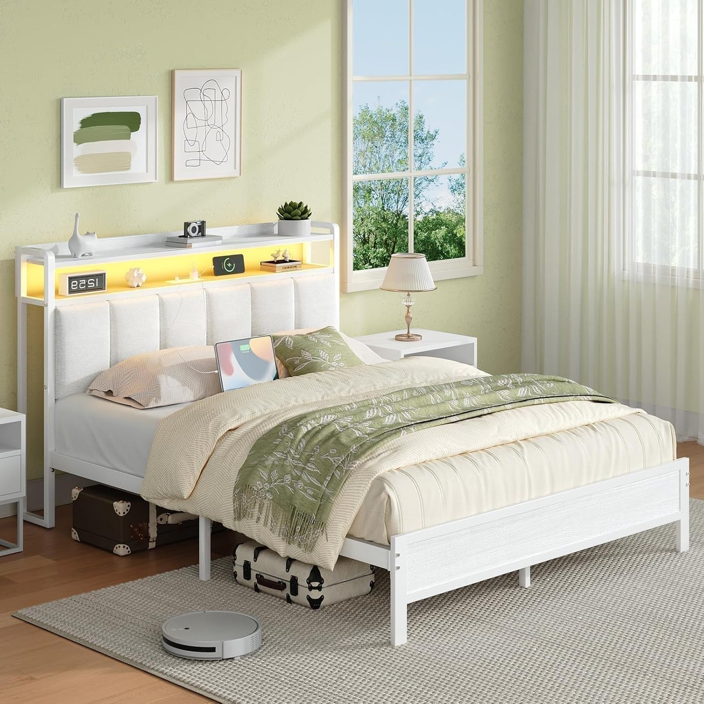 Queen Bed Frames with LED Lights and Charging Station, Metal Platform Queen Size Bed Frame with Upholstered Storage Headboard, Heavy Duty Metal Slat Support, Easy Assembly, White