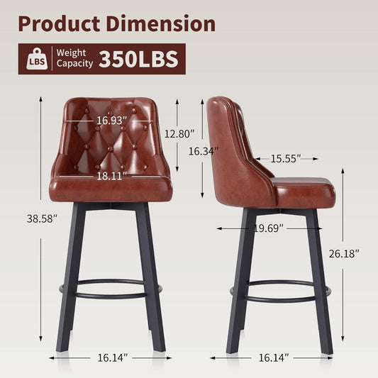 Swivel Barstools Set of 2, 26’’H Modern Counter Height Barstool with Metal Legs,Faux Leather Upholstered Bar Stools with Back for Kitchen Island, Dining Room, Pub - Brown