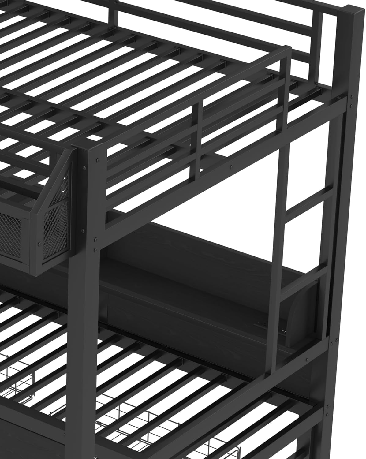 Full over Full Bunk Bed with Storage Shelves and Drawers, Metal Bunk Beds with Lights and USB Ports, Lower Bunkbed Can Be Converted, for Guest Room, Bedroom, Dorms, Muti-Function and Noise-Free, Black