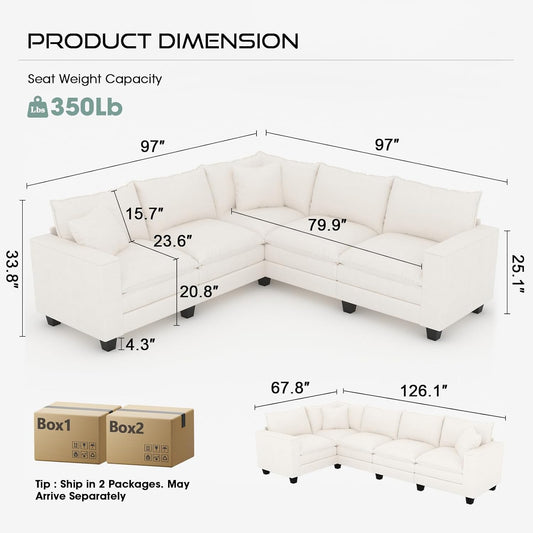 97" 5-Seat Modular Sectional Sofa, Convertible L-Shaped Comfy Cloud Couch with Armrest Storage and Two Pillows for Living Room, Bedroom, Apartment, Beige