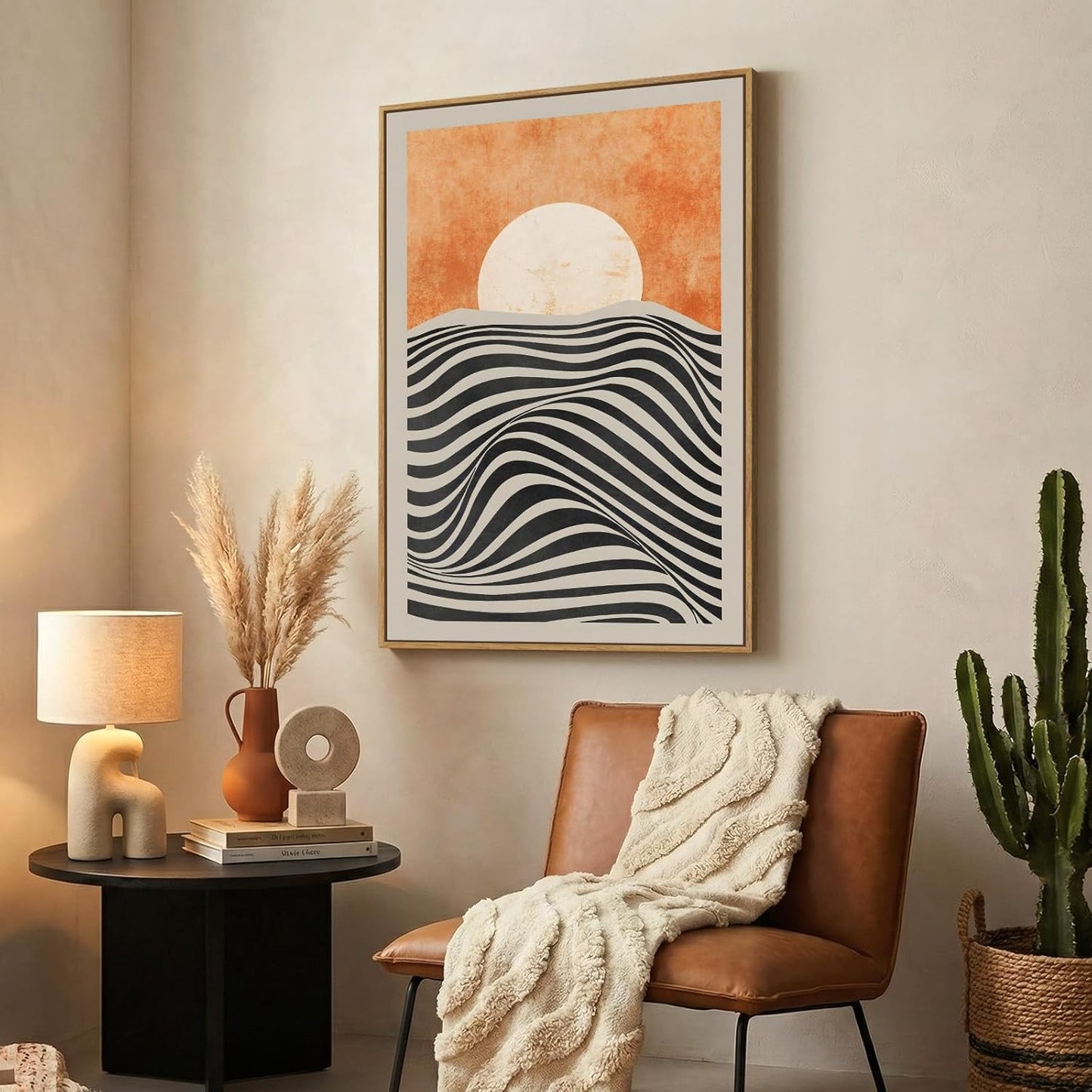 Framed Boho Abstract Sun Wall Art for Living Room, Orange Sunset Vertical Mid Century Modern Canvas Artwork for Walls, Bohemian Stripes Painting Print Wall Decor for Bedroom Home Office, 24X36 Inch