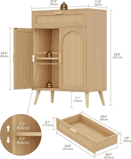 Rattan Buffet Cabinet with Storage, Sideboard with Drawer & Adjustable Shelf, Accent Kitchen Floor Storage Cabinet with 2 Doors & Solid Wood Feet, Coffee Bar for Living Room, Entryway, Natural Oak