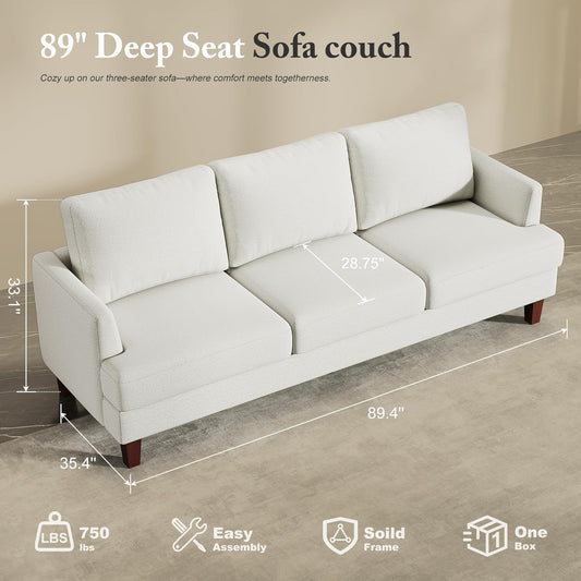 3 Seater Sofa Couch with Deep Seats, 89" Mid Century Modern Upholstered Sofa with Armrests, Comfy Couches for Living Room, Bedroom, Apartment and Office (Beige)