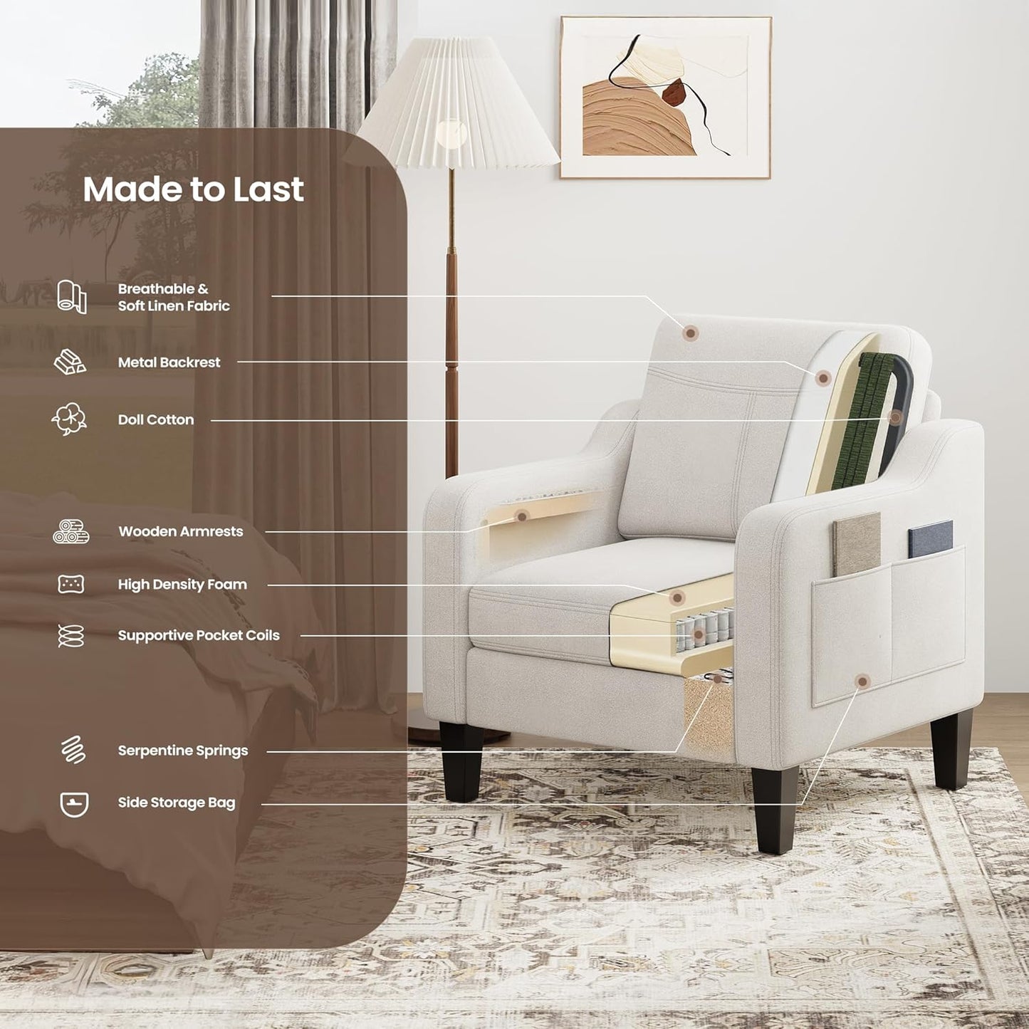 Accent Chair for Living Room Modern Linen Upholstered Armchair Side Wooden Fabric Sofa Chair with Foldable Table 2 Side Pockets Comfy Reading Chair for Bedroom