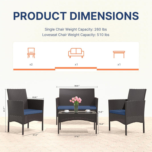 4-Piece Outdoor Patio Furniture Set, Wicker Rattan Chairs & Sofa with Cushions and Glass Coffee Table, Conversation Set for Backyard, Lawn, Porch, Pool, Garden (Navy-2)