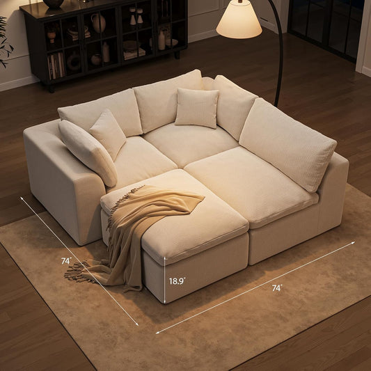 Cloud Sectional Couches for Living Room | 108 Inch L-Shaped Boneless Couch with Ottoman | Modular Sectionals Sofa Couch Ivory White