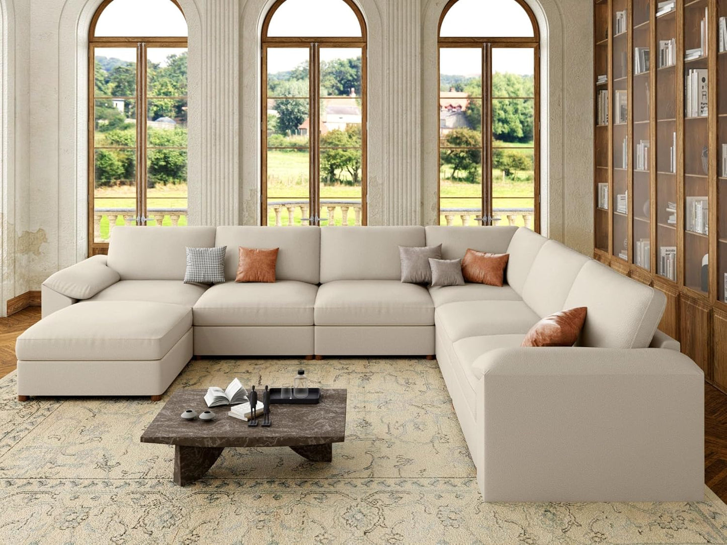 Faux Leather Sectional with Ottoman, Oversized Modular Couch, Modular Sectional Sofa with Deep Seat, Scratch Resistant Faux Leather Material, U Shaped Couch for Big Spaces, Beige