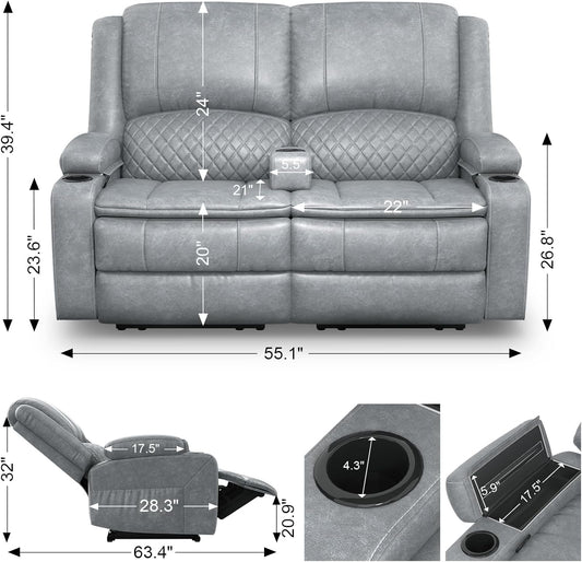 Loveseat Recliner Sofa, Manual Reclining Loveseat with Removable Armrest, PU Leather Double Recliner for RV with 2-Tier Cushions, USB Charging Ports, Cup Holders - Gray PU