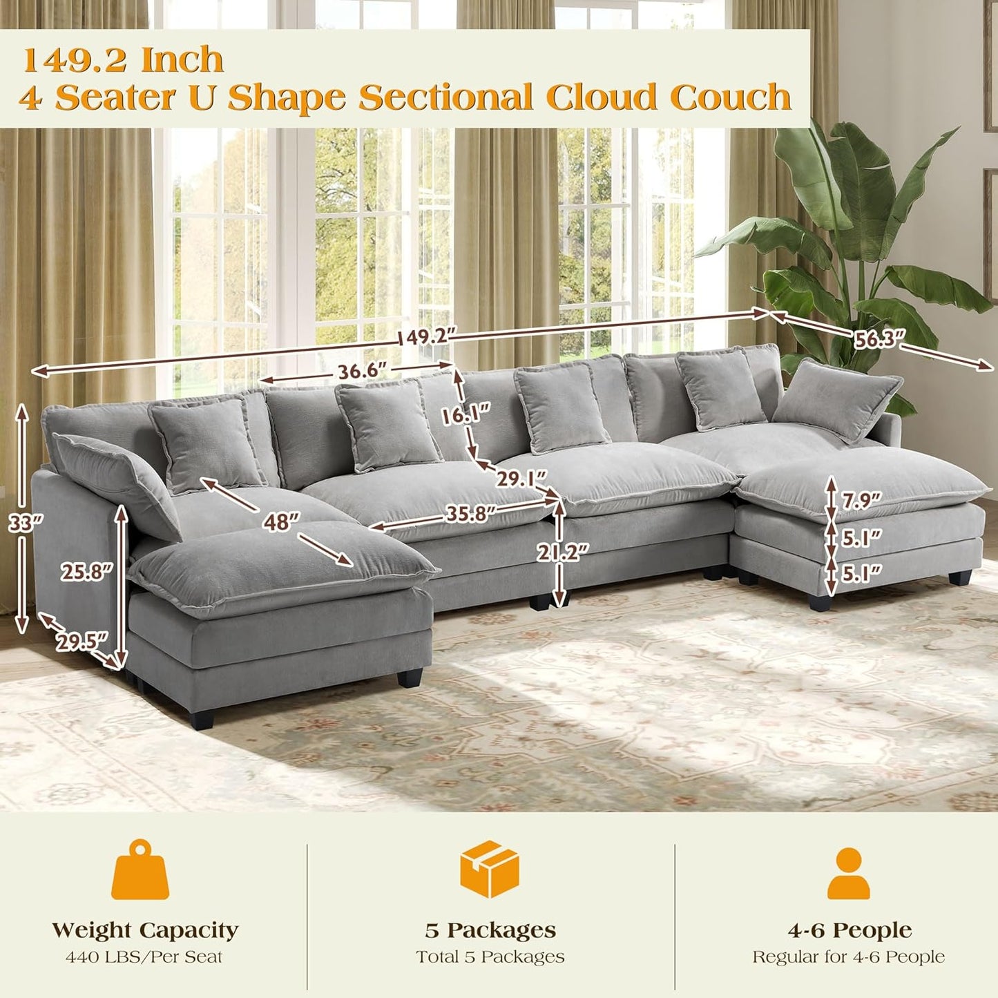 149.2" Modular Sectional Sofa,U Shaped Couch for Living Room,Modern Deep Seat Sofa 3 Seater Chenille Fabric Comfy Cloud Couches with Throw Pillows & Movable Ottoman