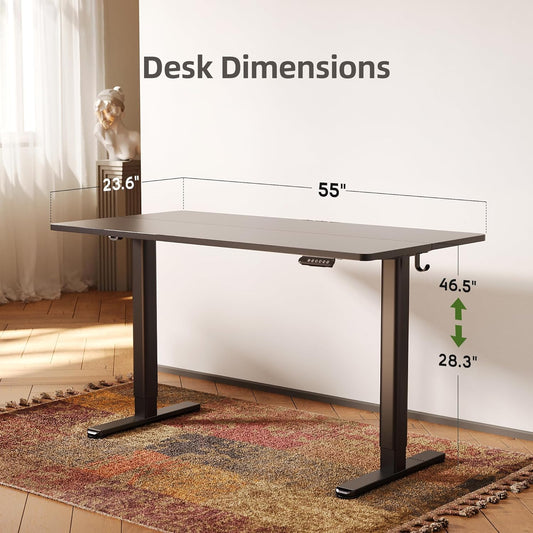 Electric Standing Desk, Adjustable Height Stand up Desks, 55 X 24 Inches Sit Stand up Desk for Home Office Computing, 3-Preset Memory Height Ergonomic Rising Desks, Black