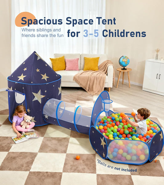 3PC Kids Play Tent with Tunnel and Ball Pit, Pop up Play Tents for Toddlers, Space World Playhouse for Indoor & Outdoor Use, Starry Sky Tent with Carry Bag, Ideal Gifts for Boys & Girls
