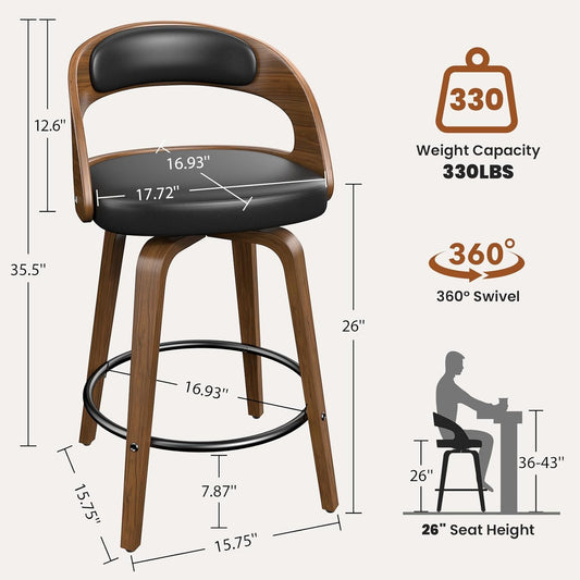 Swivel Bar Stools Set of 3, 26" Counter Height Bentwood Barstool, Mid-Century Modern PU Leather Upholstered Bar Chair with Back and Footrest, for Kitchen Island, Bar, Cafe, Dining Room, Black