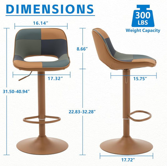 Bar Stools Set of 2, Boho Colorful Patchwork Barstools, Adjustable Swivel Counter Height Bar Stool Faux Leather Upholstered Barstool with Back, Compact Bar Chair for Kitchen Island, Tangreen