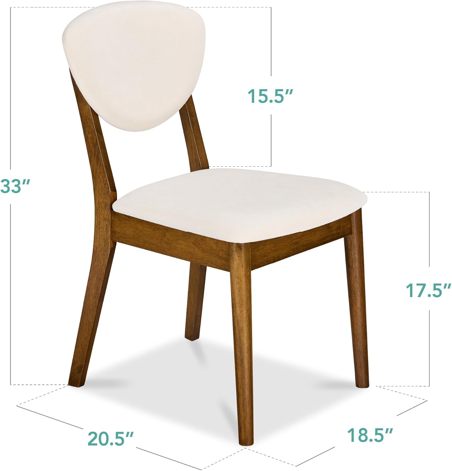 Dining Chairs Set of 2, Mid-Century Modern Upholstered Wood, Armless W/Seat Cushion, Padded Backrest - Walnut/Cream
