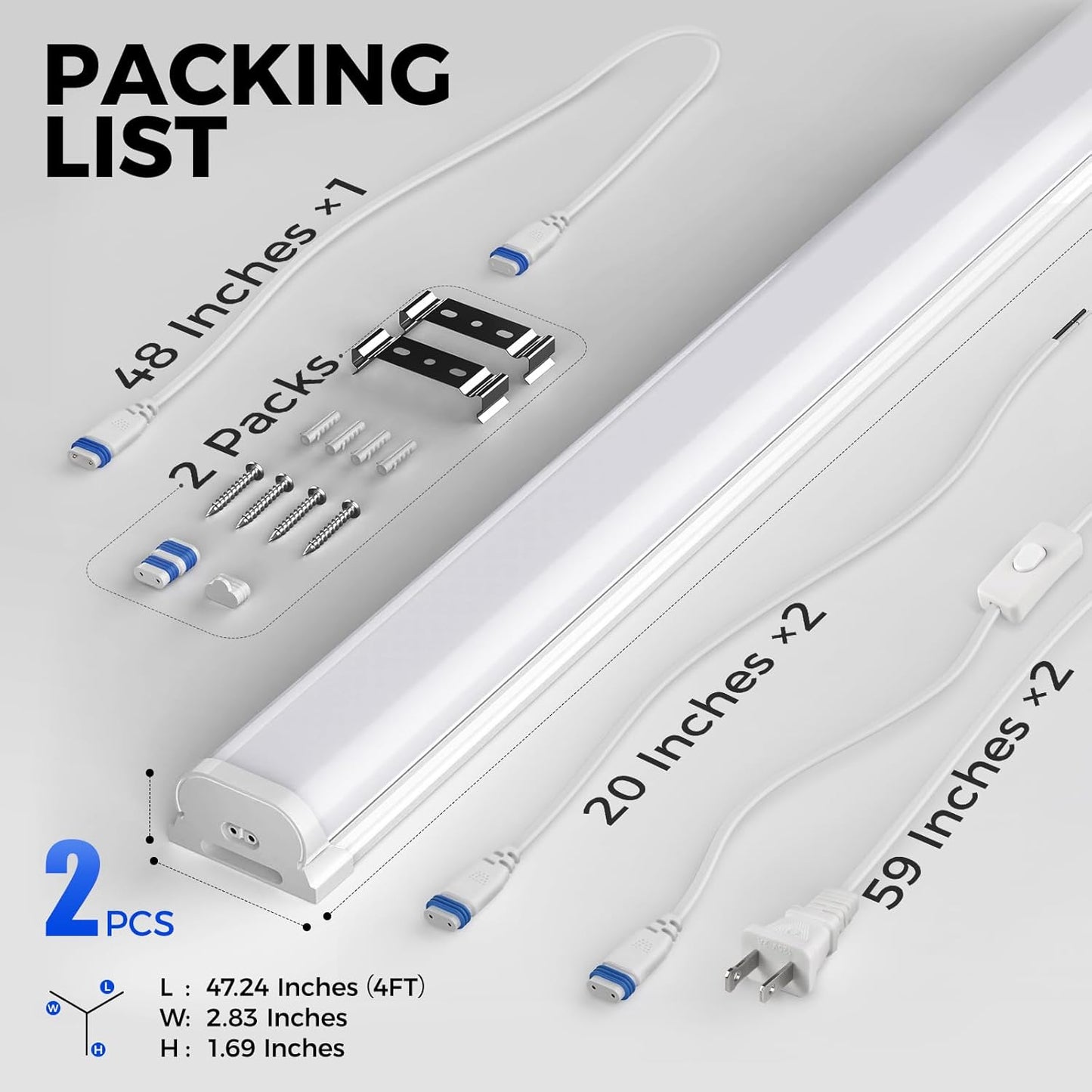 LED Shop Lights for Workshop 4FT, 5000K Daylight White, 45W, 5000LM, Hidden Wiring, Linkable 4FT Light Fixture Cord with On/Off, Frosted Cover, LED Ceiling Light for Garage, Kitchen, 2 Packs