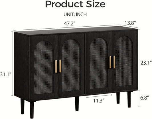 Modern Rattan-Door Sideboard Cabinet – 4-Door Credenza Buffet with Ample Storage, Large Accent Cabinet for Entryway, Living Room, Dining Room & Kitchen, Black & Grey