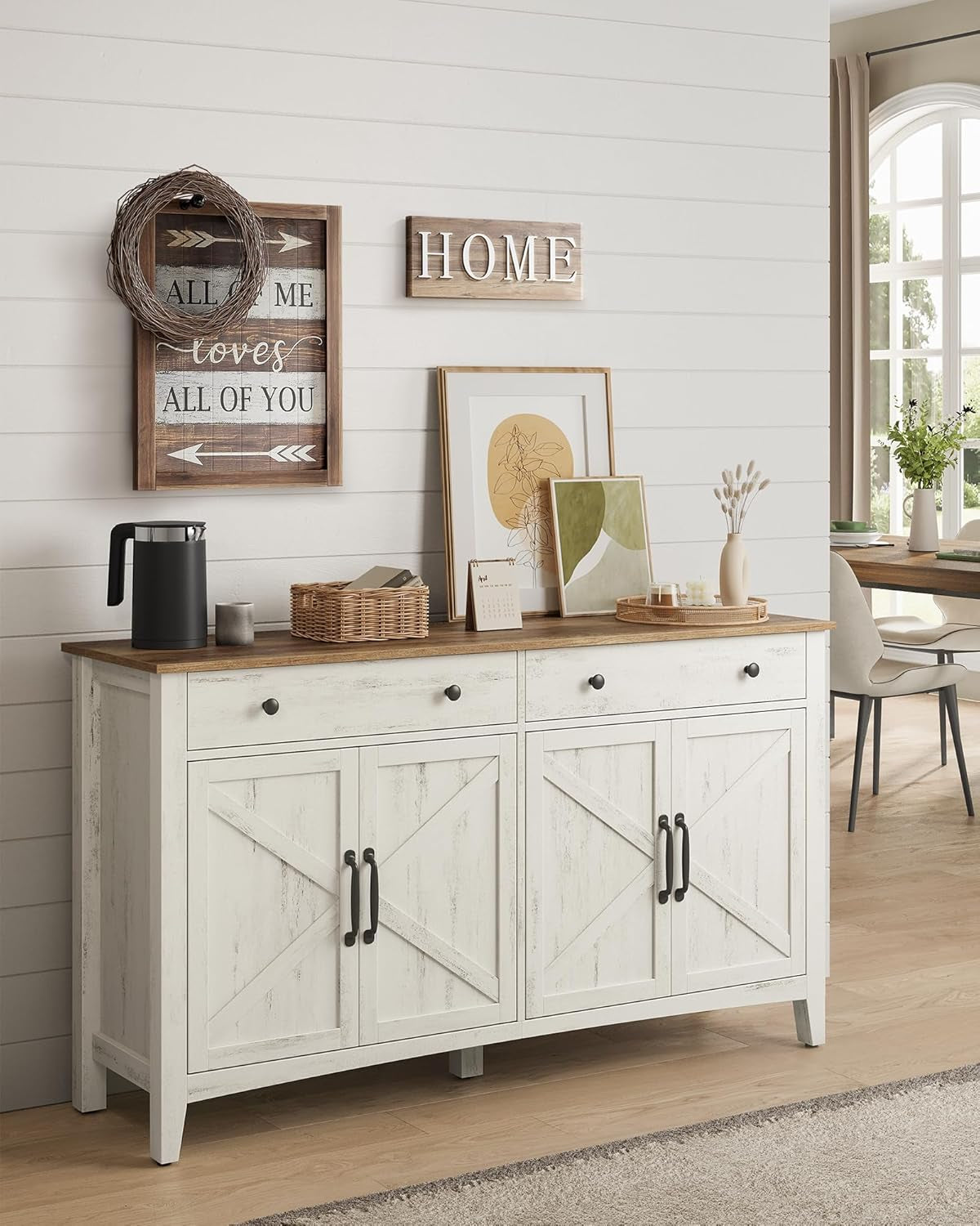 LIRY Collection - Buffet Cabinet, Coffee Bar Cabinet with 2 Drawers, Adjustable Shelves, Sideboard Storage with Cable Holes, Drawer Dividers, Rustic White and Honey Brown UBBK381W01