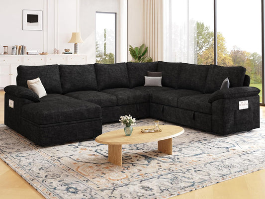 108 Inch Modular Sectional Sofa with Pull Out Bed, U Shaped 7 Seat Sectional Sleeper Sofa with Storage, Sectional Couches for Living Room,Cloud Modular Couch, Removable Sofa Cover, Black
