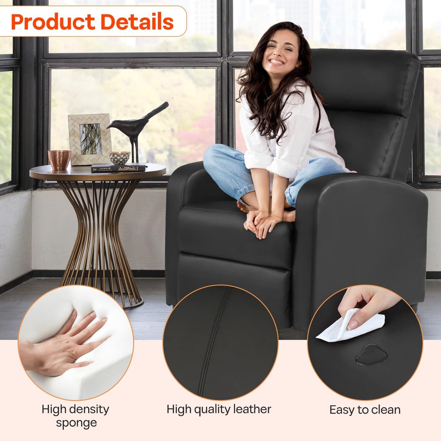 Recliner Sofa Massage Chair Home Theater Seating with Lumbar Support and Padded Backrest for Living Room and Bedroom (Leather, Black)