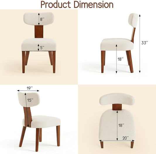 Dining Chairs Set of 4, Mid-Century Modern Upholstered Kitchen Chairs with Curved Backrest and Linen Fabric Seat, Wood Leg Accent Chairs for Dining Room, Living Room, Bedroom, Linen Beige