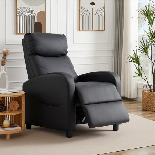 Recliner Chair PU Leather Recliner Sofa No Massage, Home Theater Seating with Lumbar Support, Adjustable Push Back Overstuffed High-Density Sponge Reclining for Living Room, Black
