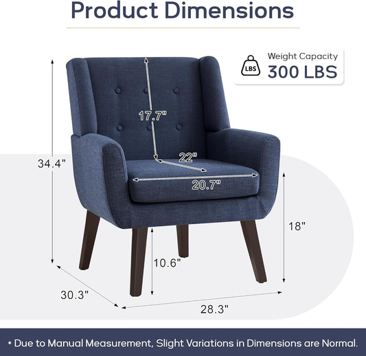 Accent Chair Living Room Chair, Upholstered Button Tufted Armchair, Linen Fabric Sofa Chairs for Bedroom, Living Room, Mid Century Modern Comfy Reading Chair (Dark Blue)