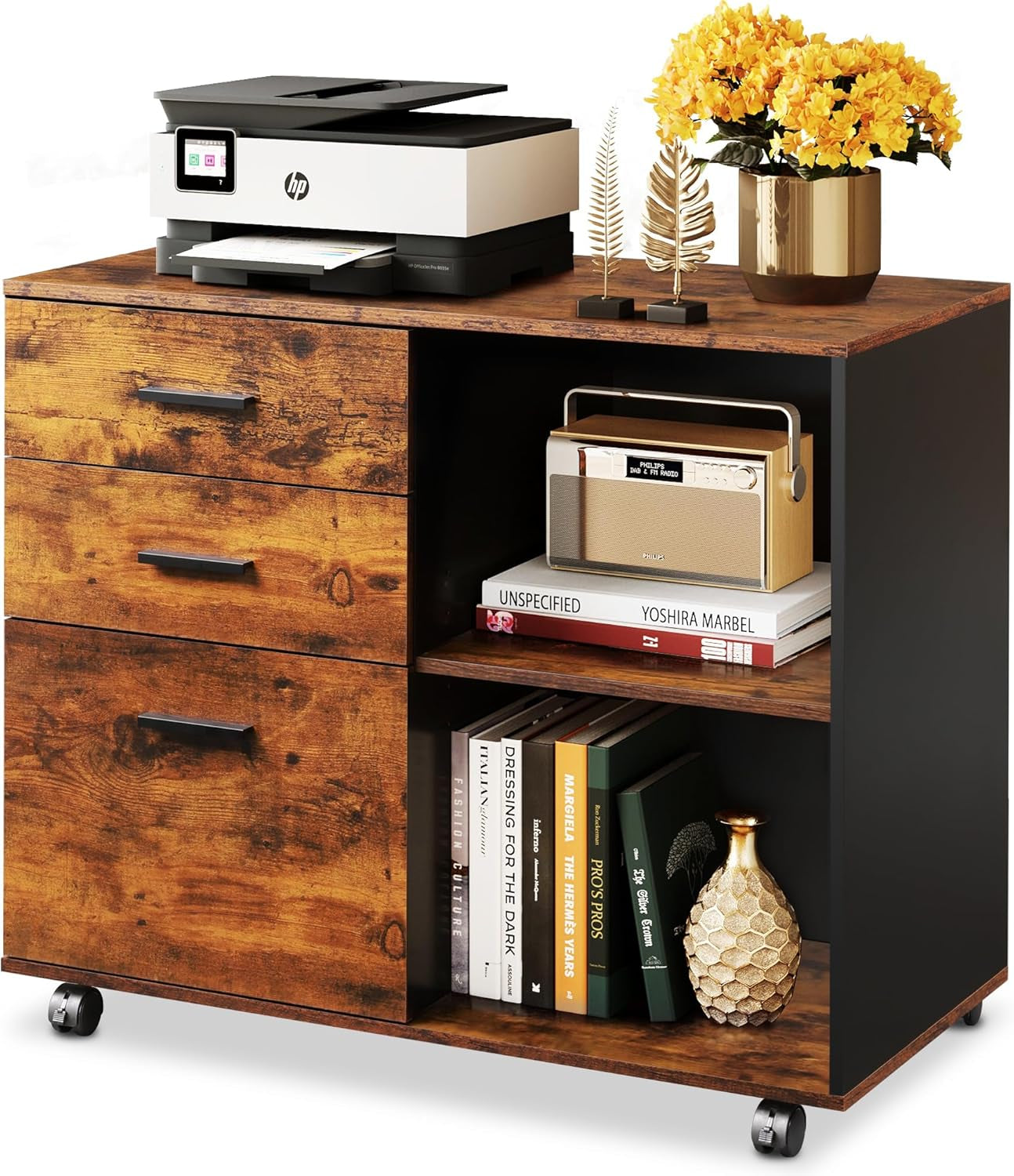3 Drawer Mobile File Cabinet, Wood Lateral Filing Cabinet, Printer Stand with Open Shelves for Home Office, Rustic Brown