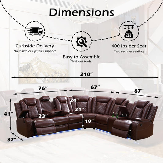 Power Recliner Sectional Sofa Set for Living Room Furniture Sets,Leather Reclining Couch Set with LED Lights,L- Shaped Leather Couch for Living Room/Home Theater/Club(Burgundy,Sectional)