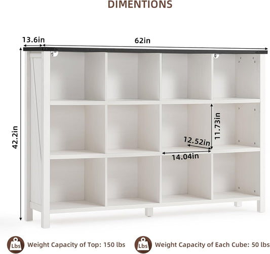 12 Cube Storage Organizer, Farmhouse 62 Inch Warm White Display Bookshelf, Wooden 3 Tier Large Open Book Shelf, Modern Bookcase for Home Office, Rustic Cubby Cabinet for Living Room, Bedroom