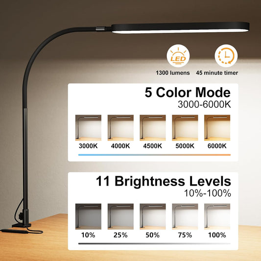 Led Desk Lamp - Desk Light for 33.5" Tall - Flexible Gooseneck - 5 Color Modes X 11 Brightness Levels - 1300LM - Timmer & Memory Function - 12W Clip on Light - Black