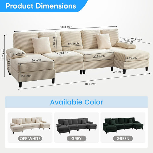 4 Seater U-Shaped Sectional Sofa Couches with Sleepable Armrest for Living Room Sets Furniture, 112" Width Corduroy Living Room Sleeper Sofa Couch Set with Double Chaises for Home Office, Beige
