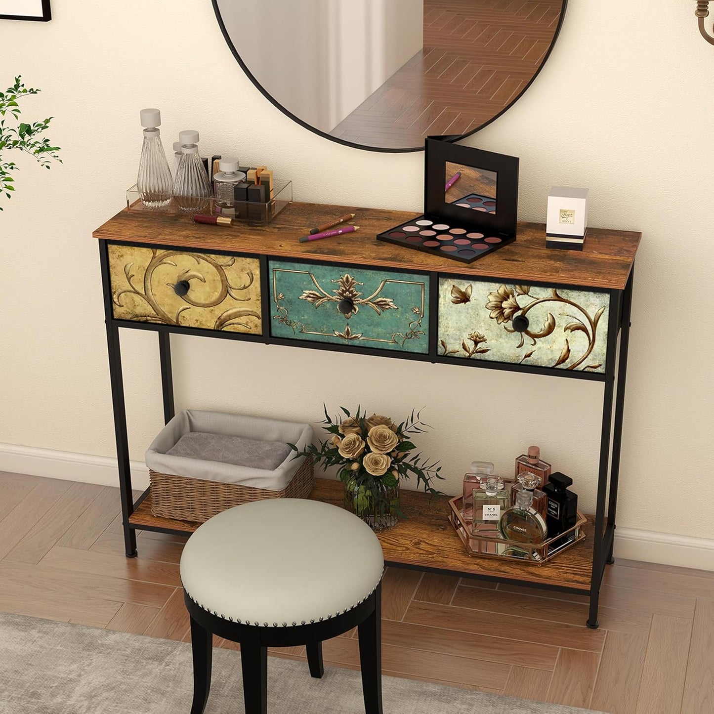 Entryway Console Table with 3 Retro Flowers Fabric Drawers Boho Narrow Long behind Couch Sofa Table with Bottom Open Storage Shelf for Hallway Living Room Foyer (Rustic Brown, 3 Drawers)